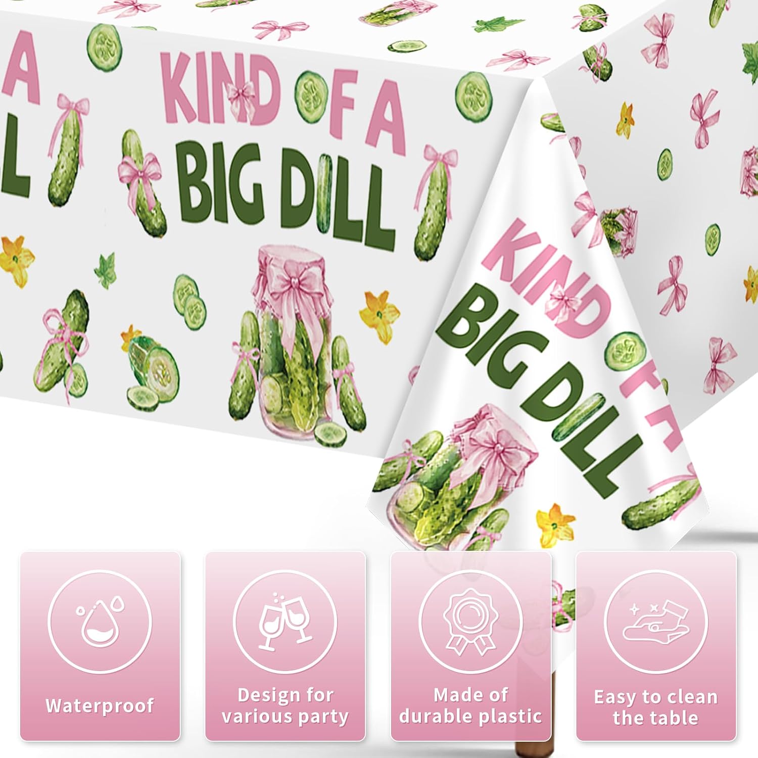 Close-up of pink plastic tablecloth with pickle and bow design