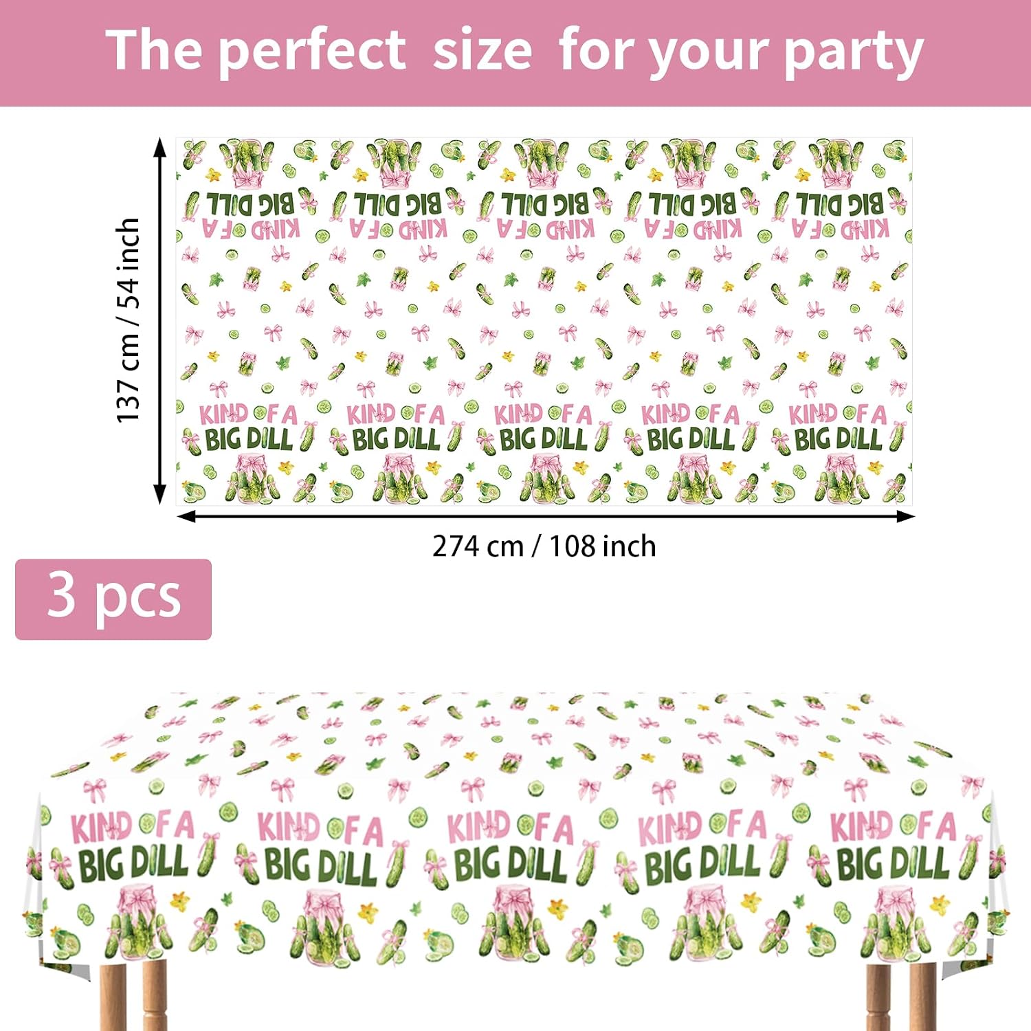 Flat lay of three pink bow pickle tablecloths with cucumber pattern