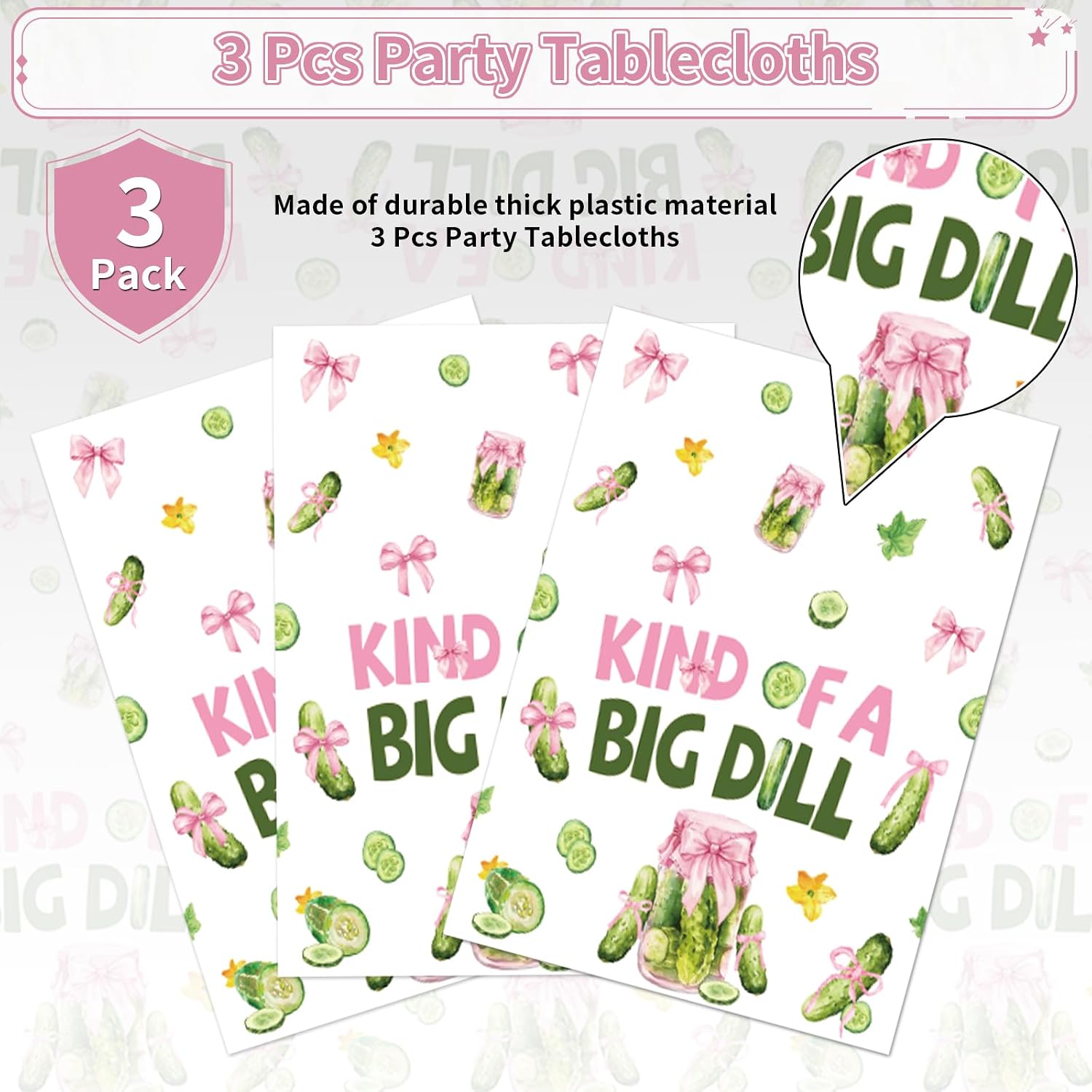 Pink bow pickle tablecloth draped on party table with cucumber themed decorations