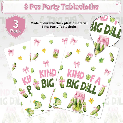 Pink bow pickle tablecloth draped on party table with cucumber themed decorations