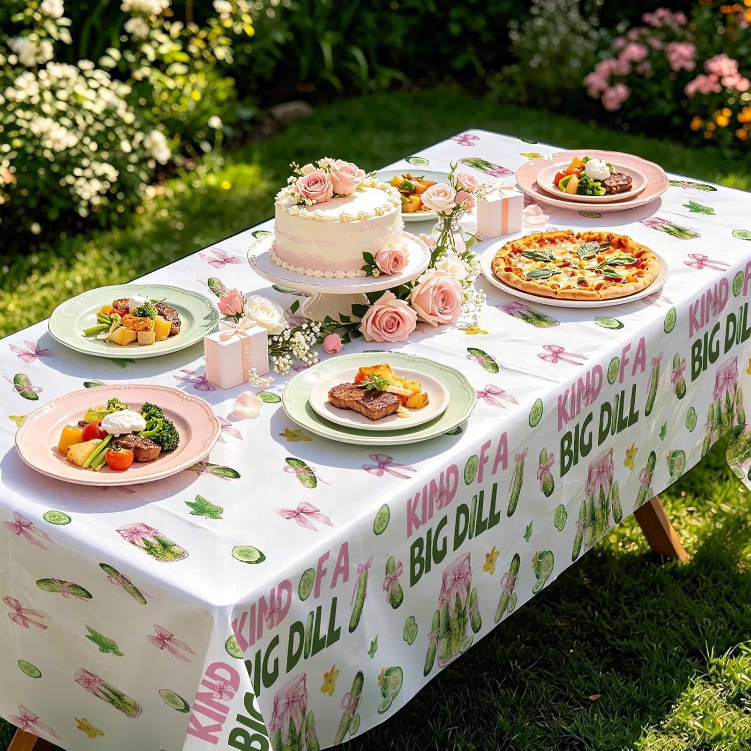 Girls birthday baby shower party scene with big dill themed tablecloth