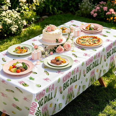 Girls birthday baby shower party scene with big dill themed tablecloth