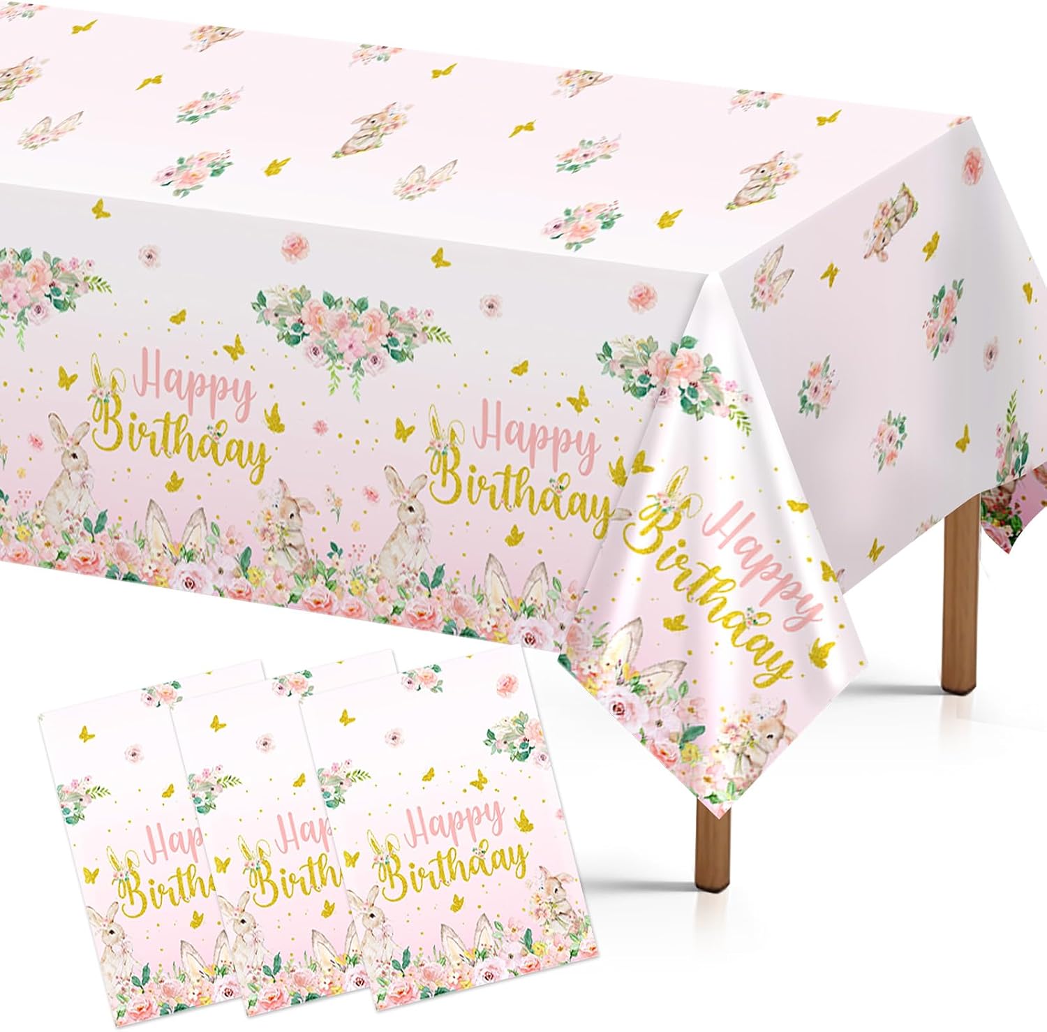 Grencian 3-piece pink bunny birthday tablecloth set with floral rabbit design