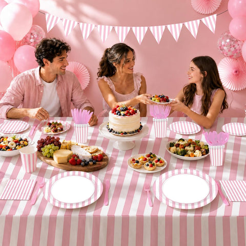 Pink Striped Party Supplies 171 Pcs Serves 24 - Grencian