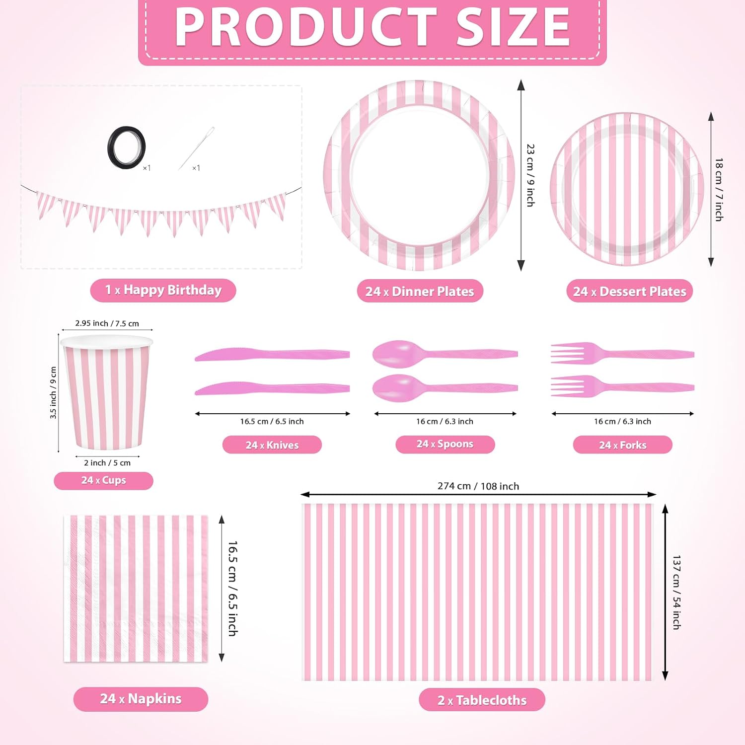 Pink Striped Party Supplies 171 Pcs Serves 24 - Grencian