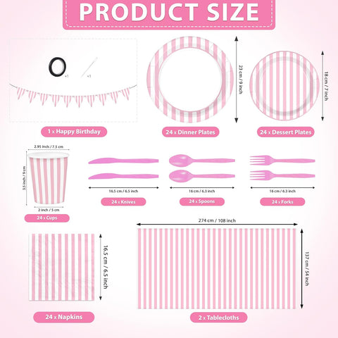 Pink Striped Party Supplies 171 Pcs Serves 24 - Grencian