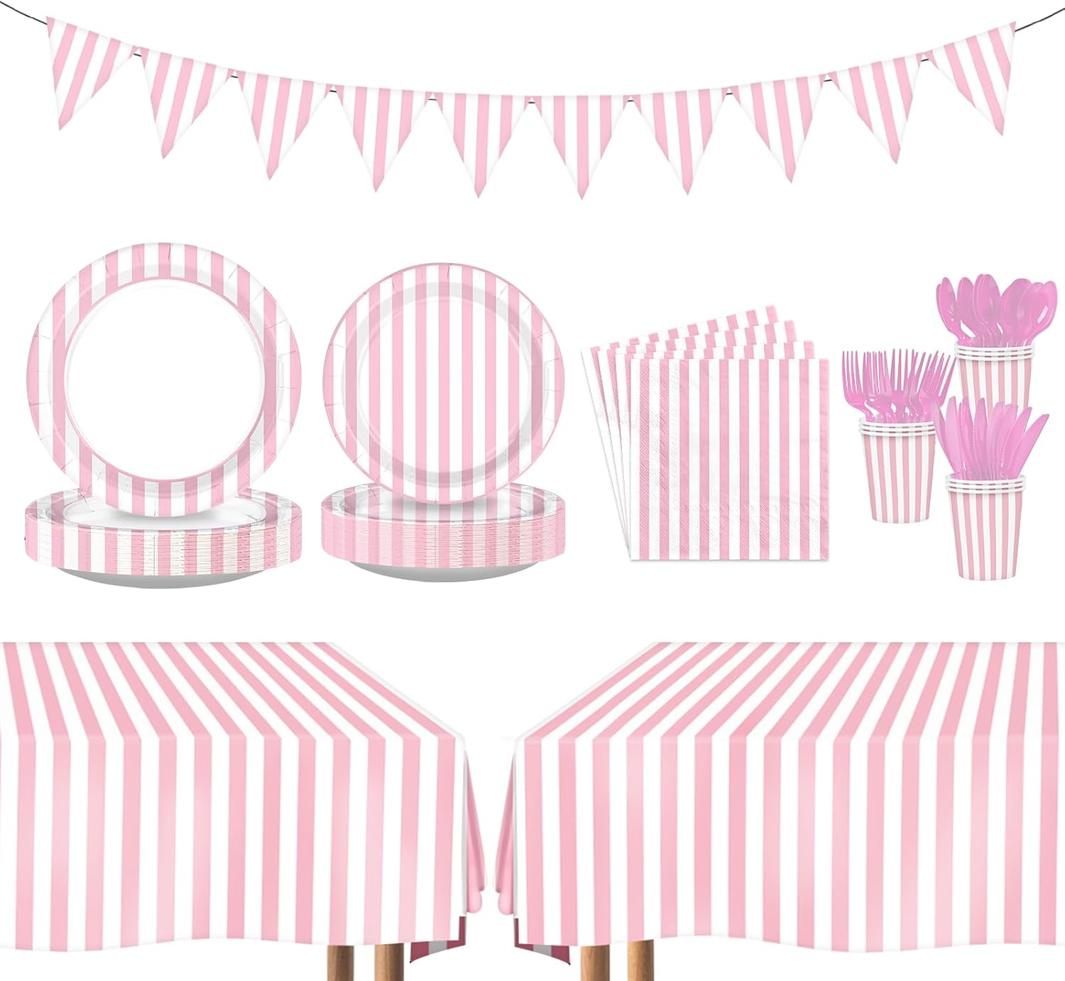 Pink Striped Party Supplies 171 Pcs Serves 24 - Grencian