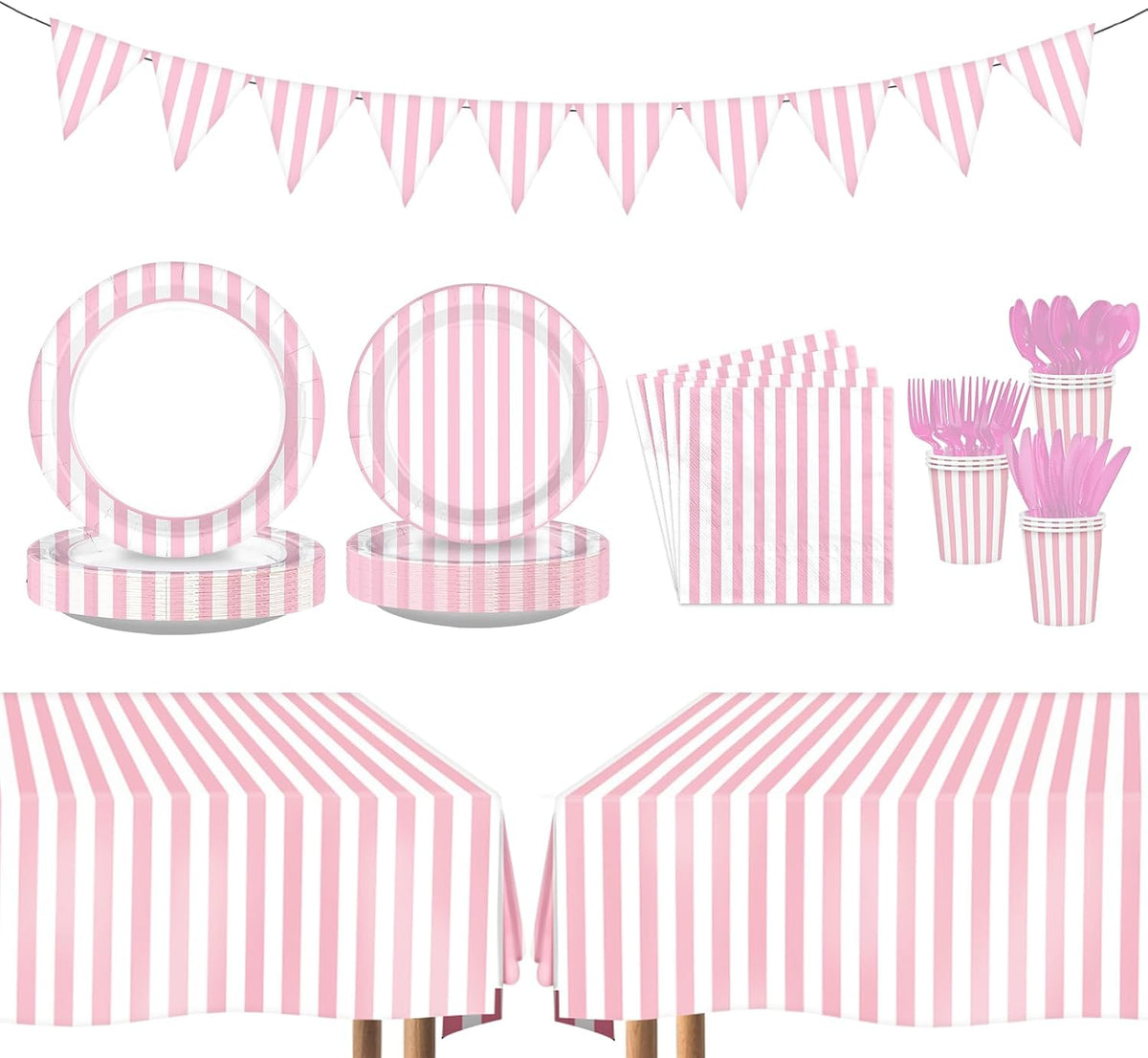 Pink Striped Party Supplies 171 Pcs Serves 24 - Grencian