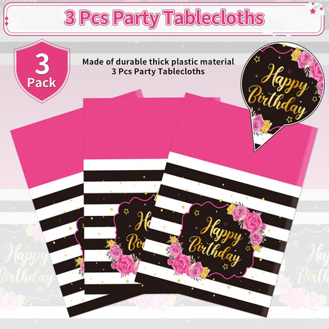Close-up of hot pink black plastic tablecloth with rose stripes