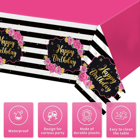 Flat lay of three pink black striped tablecloths