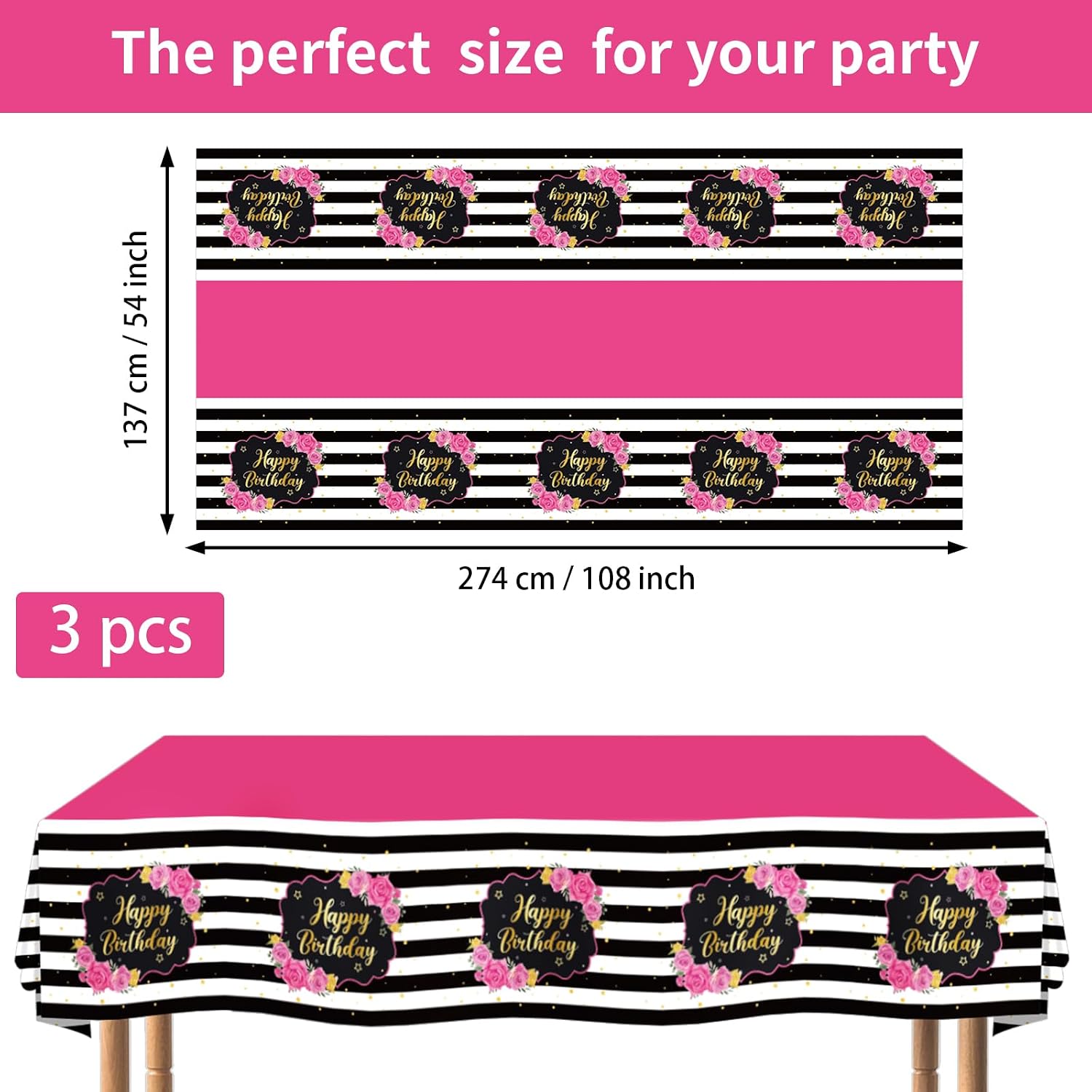 Pink black tablecloth draped on party table with rose themed decorations