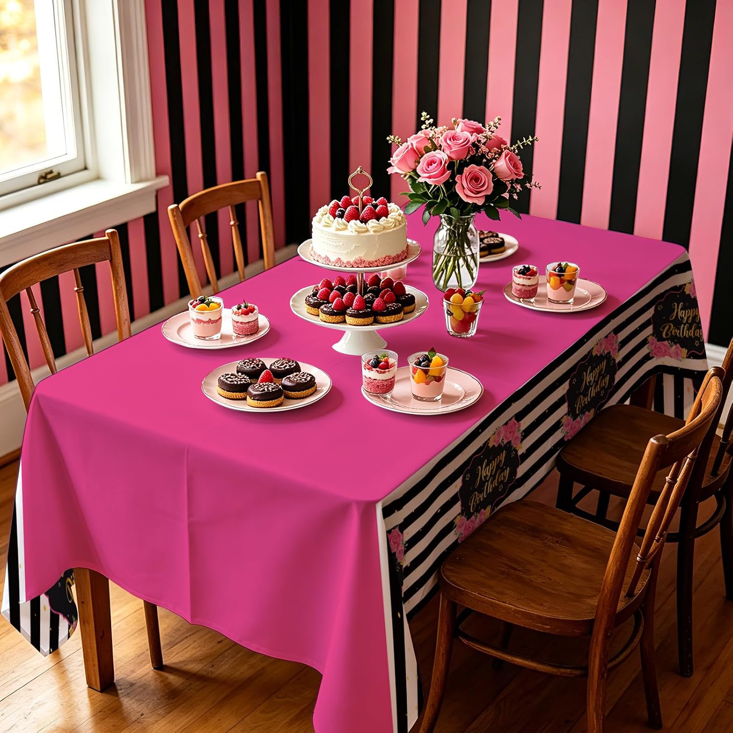 Package contents infographic showing 3 Grencian pink black tablecloths