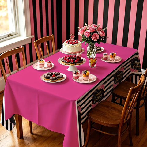 Package contents infographic showing 3 Grencian pink black tablecloths