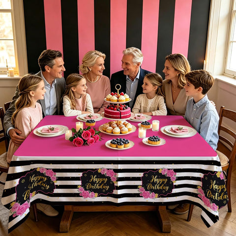 Girls women birthday party scene with pink black striped tablecloth