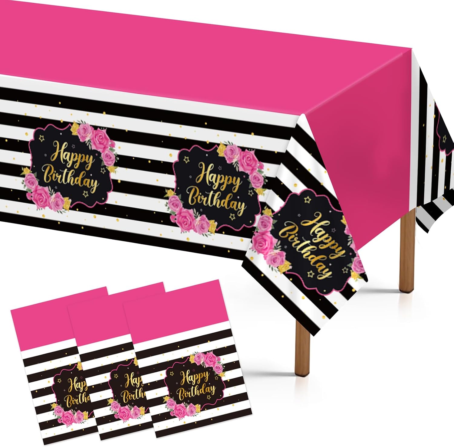 Grencian 3-piece pink and black striped birthday tablecloth set with rose flower design