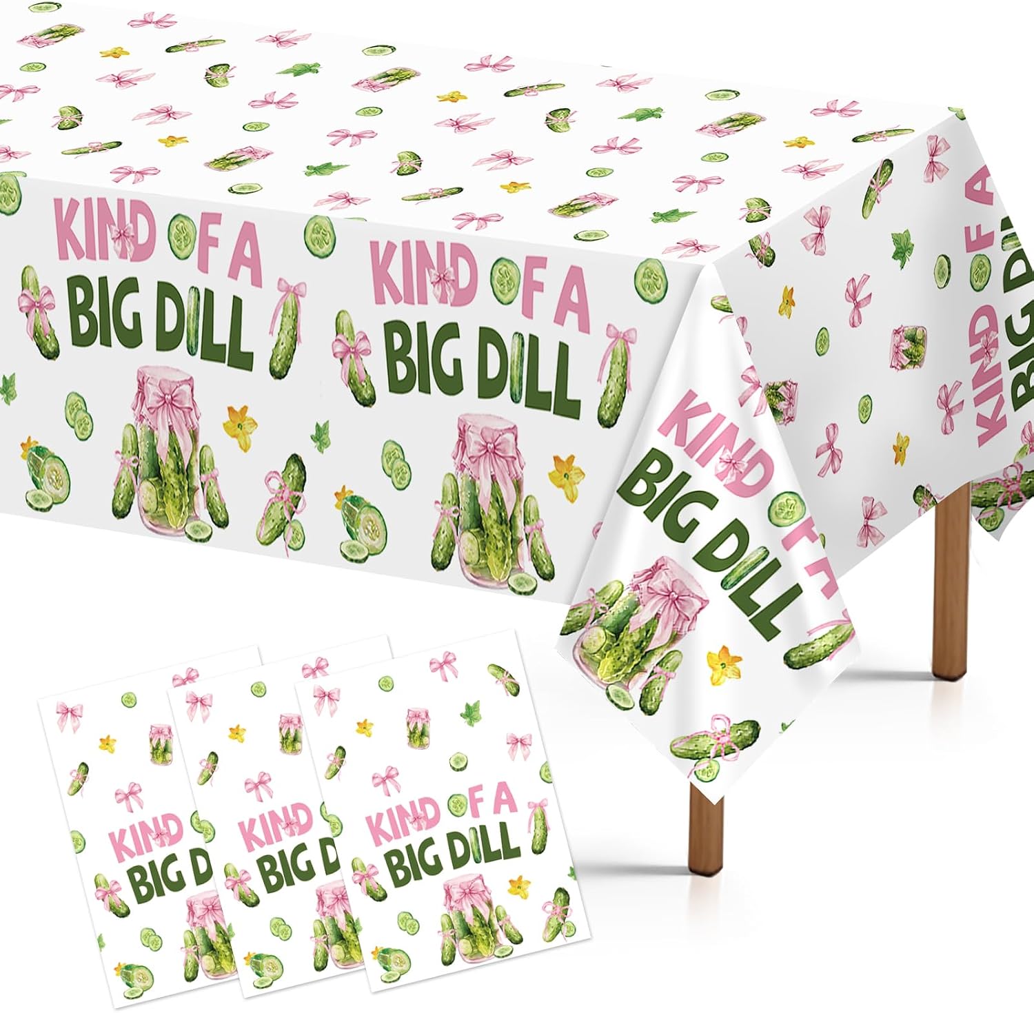 Grencian 3-piece pink bow pickle tablecloth set with Kind of a Big Dill design