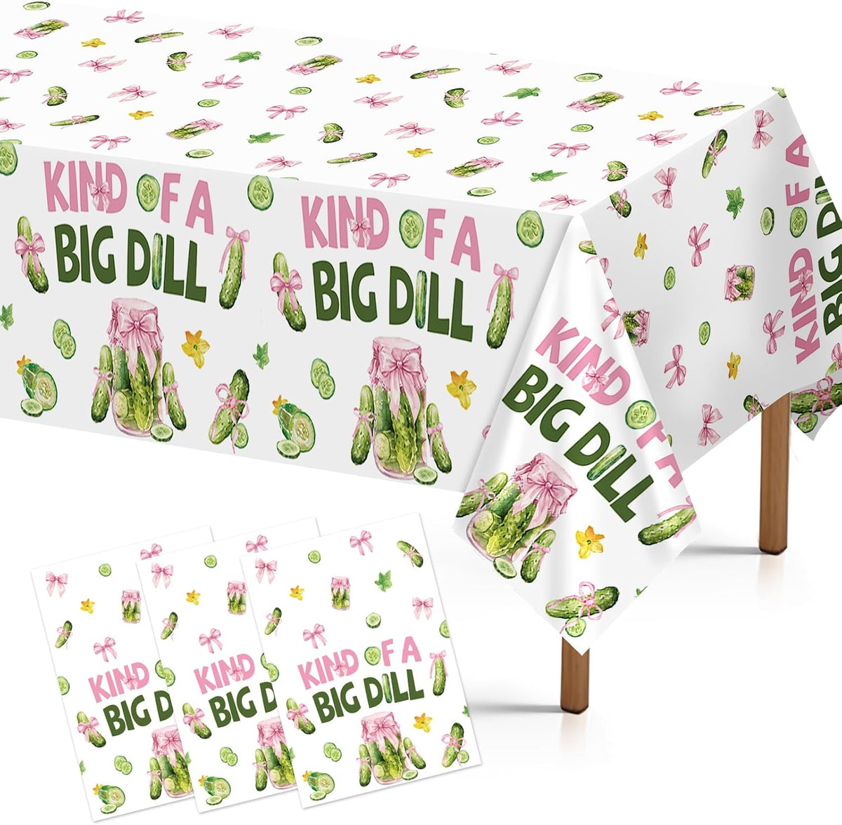 Grencian 3-piece pink bow pickle tablecloth set with Kind of a Big Dill design