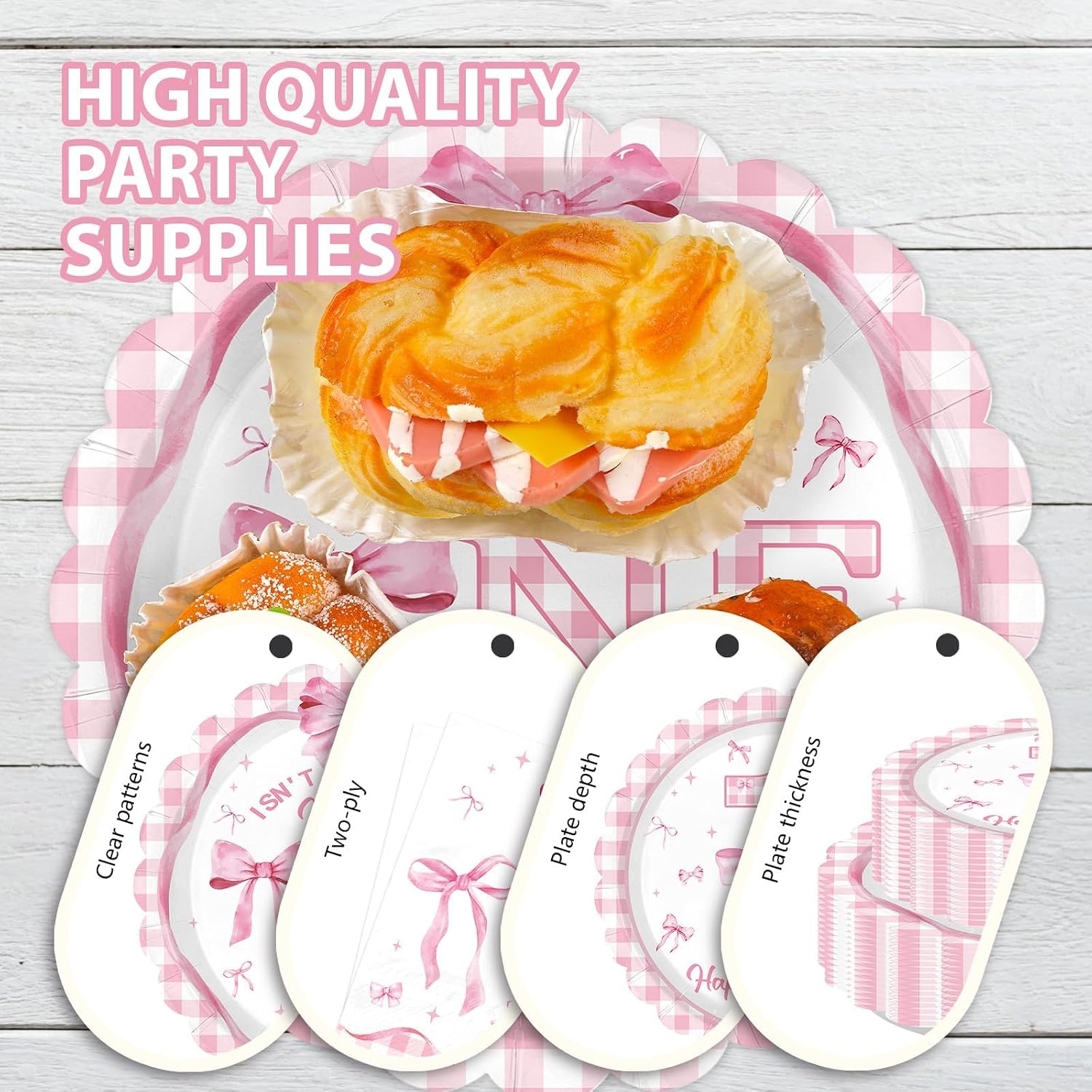168Pcs Pink Bow 1st Birthday Supplies Serves 24 - Grencian