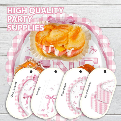168Pcs Pink Bow 1st Birthday Supplies Serves 24 - Grencian