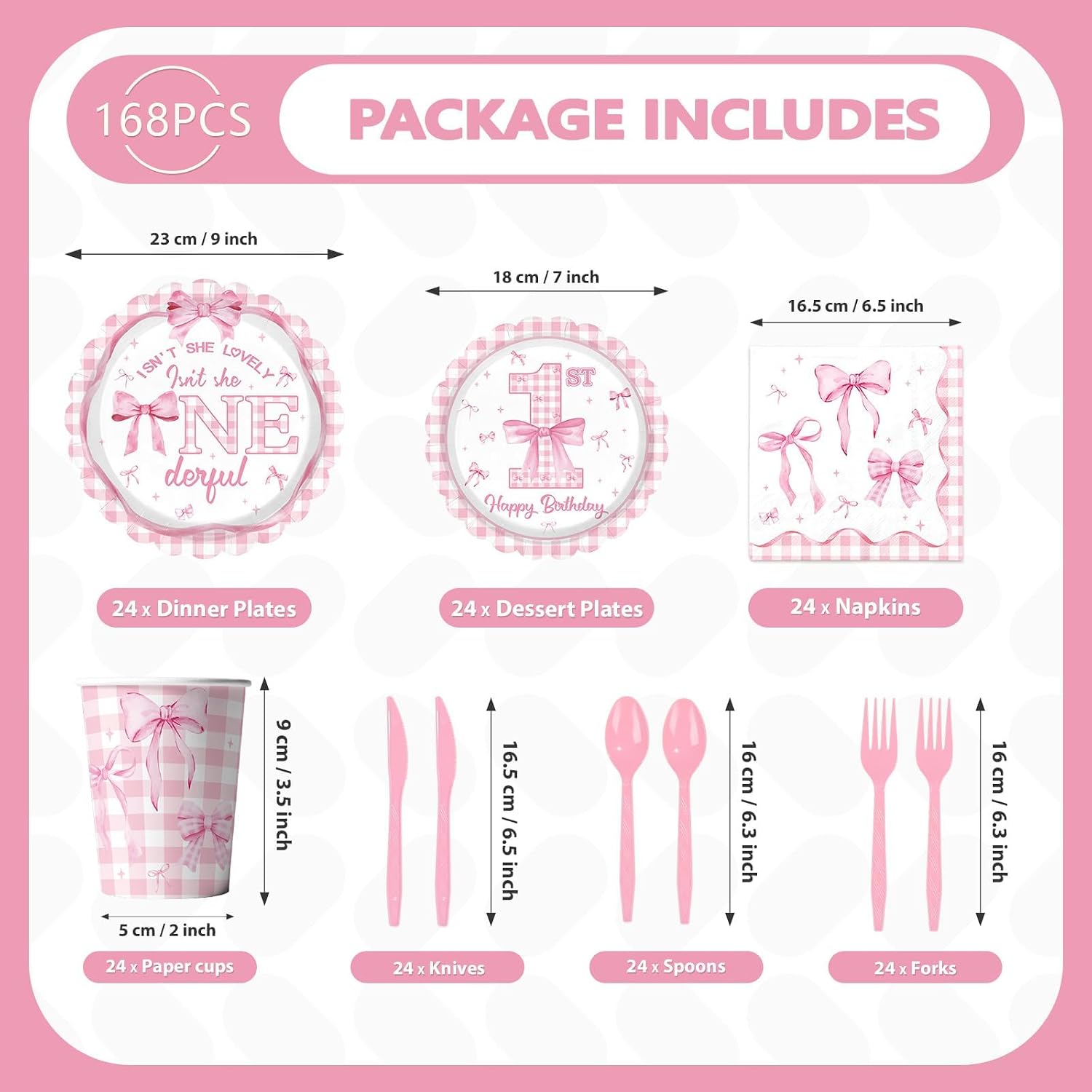 168Pcs Pink Bow 1st Birthday Supplies Serves 24 - Grencian