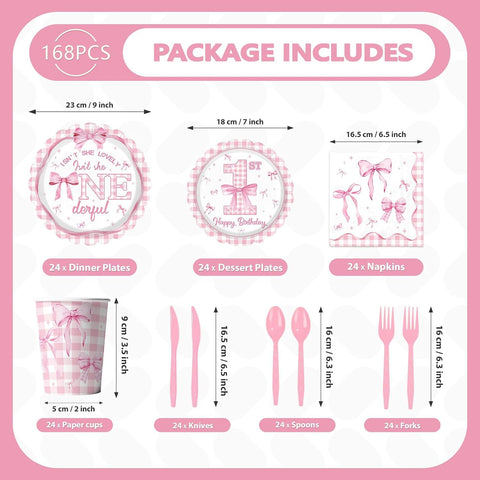 168Pcs Pink Bow 1st Birthday Supplies Serves 24 - Grencian