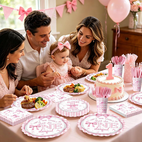 168Pcs Pink Bow 1st Birthday Supplies Serves 24 - Grencian