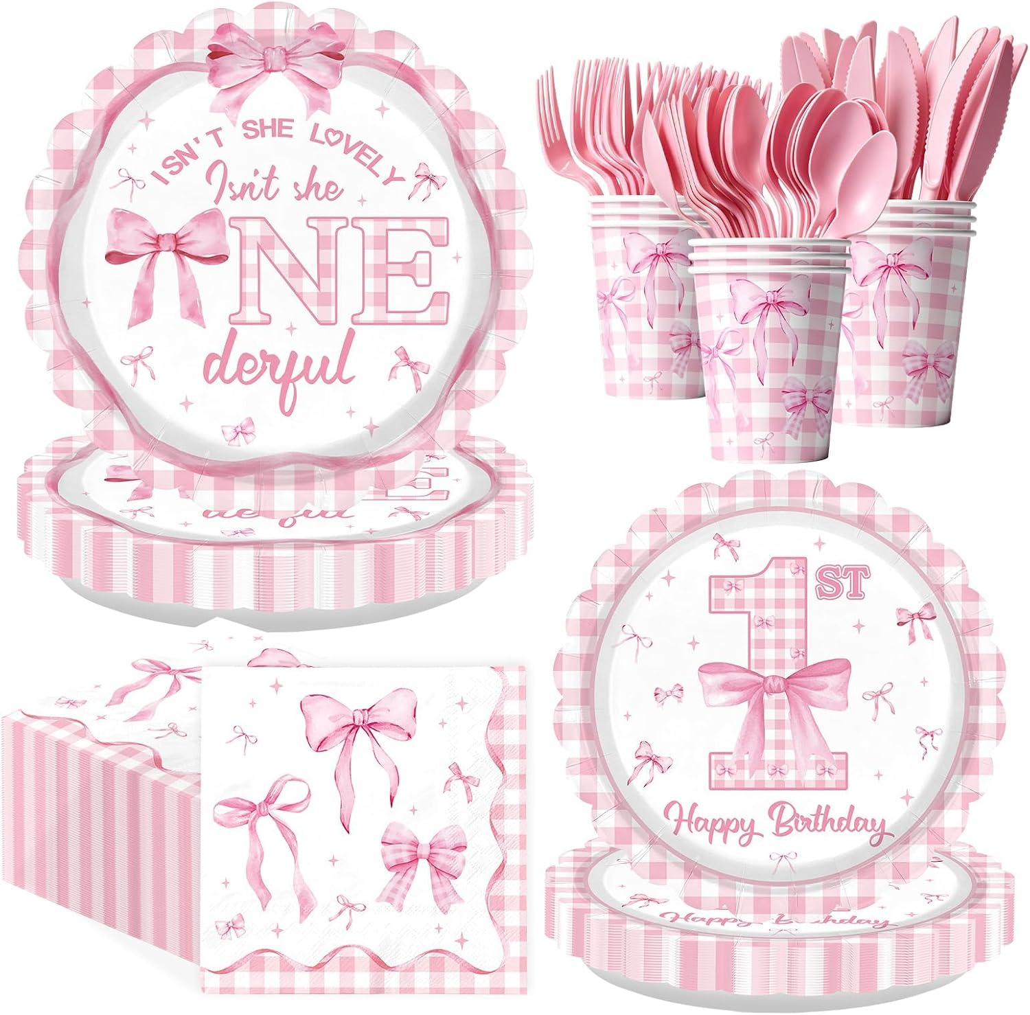 168Pcs Pink Bow 1st Birthday Supplies Serves 24 - Grencian
