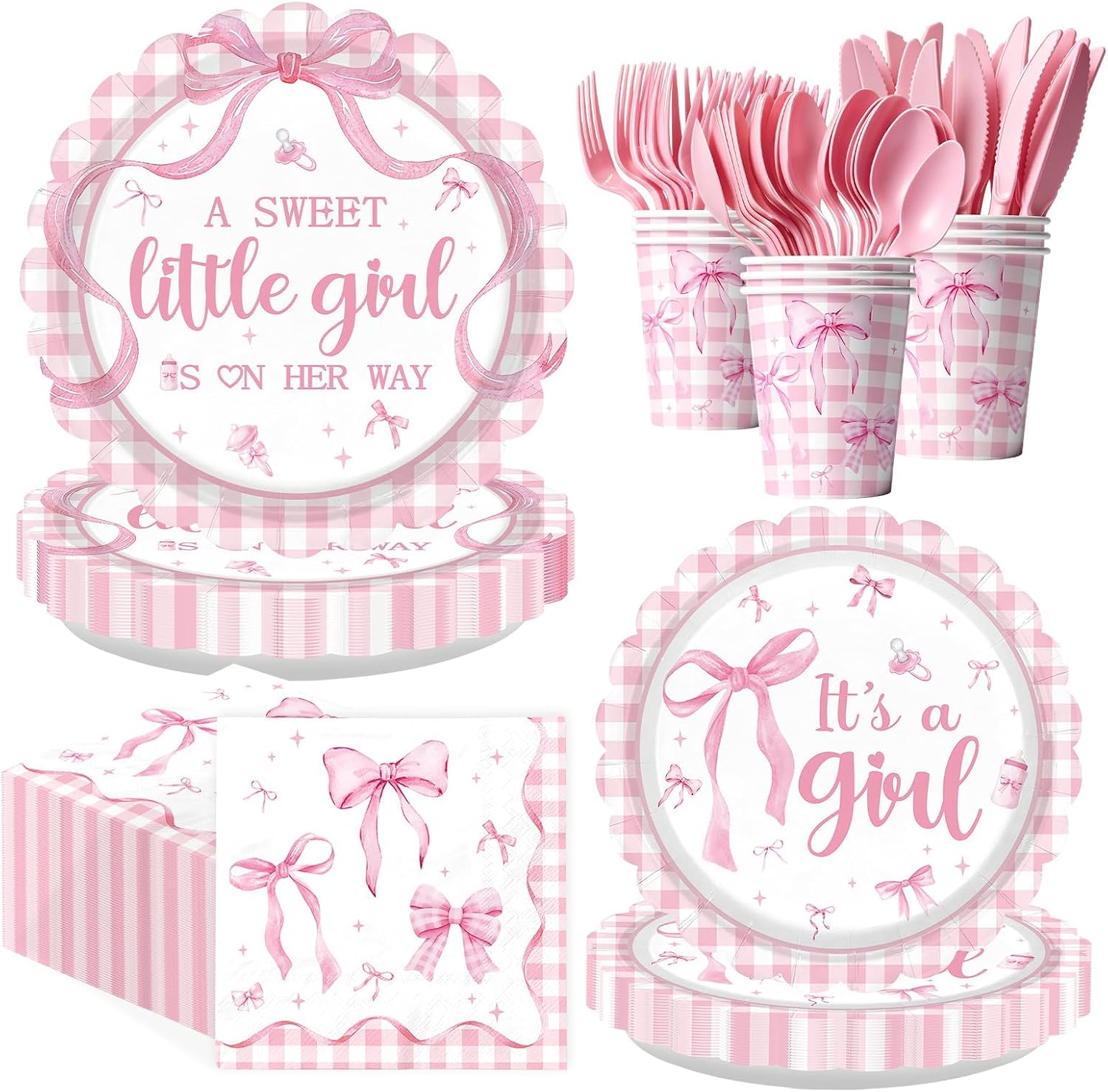 168Pcs Pink Bow Baby Shower Coquette Supplies Serves 24 - Grencian