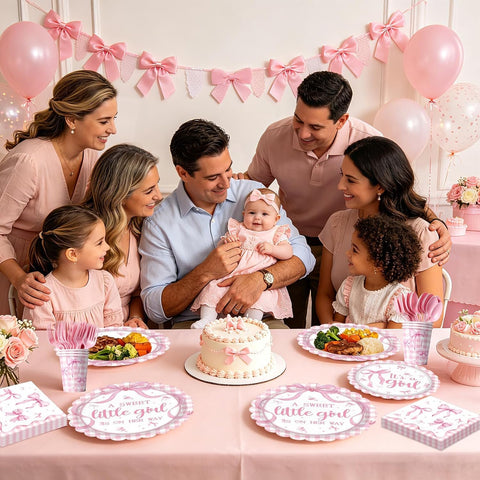 168Pcs Pink Bow Baby Shower Coquette Supplies Serves 24 - Grencian