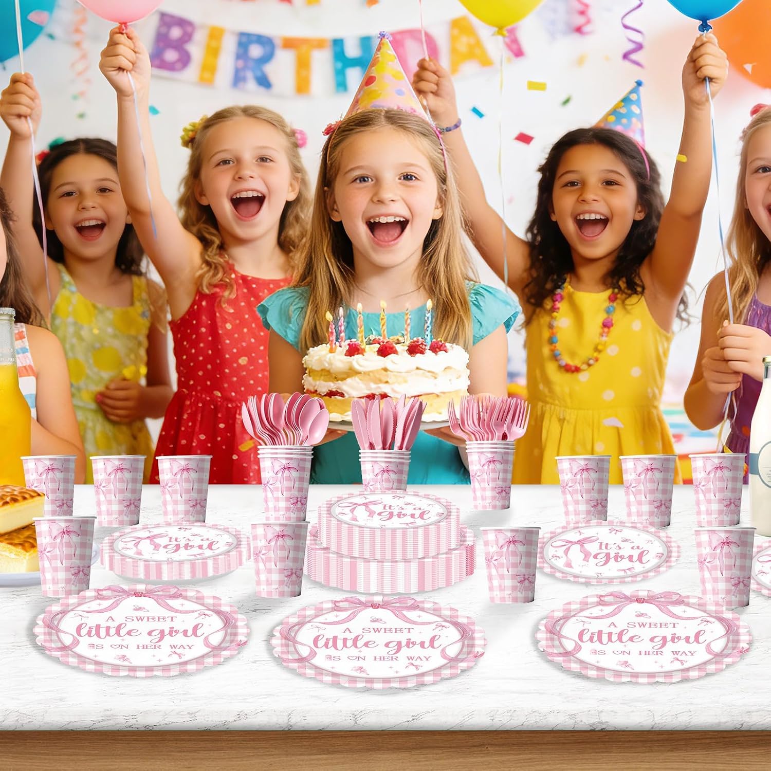 168Pcs Pink Bow Baby Shower Coquette Supplies Serves 24 - Grencian