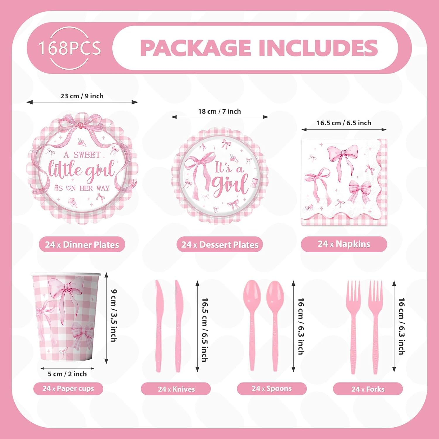 168Pcs Pink Bow Baby Shower Coquette Supplies Serves 24 - Grencian