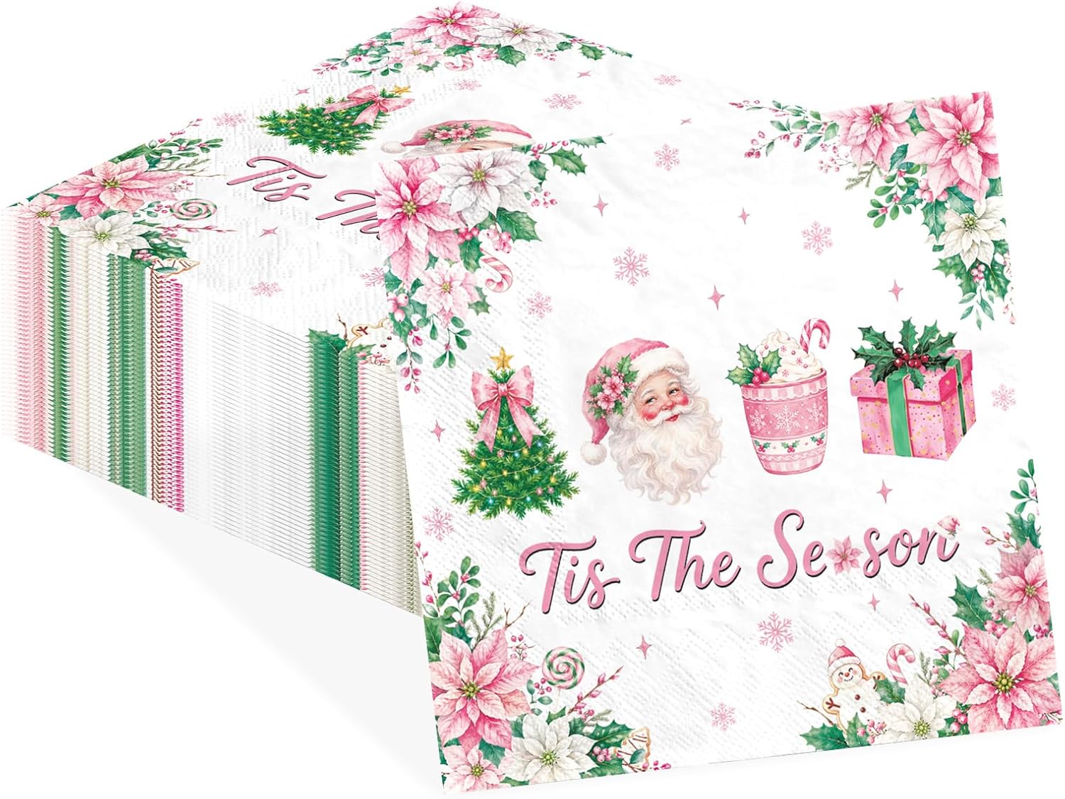 100Pcs Pink Christmas Cocktail Napkins 5x5 3 Ply - Grencian