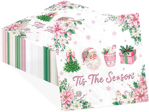 100Pcs Pink Christmas Cocktail Napkins 5x5 3 Ply - Grencian