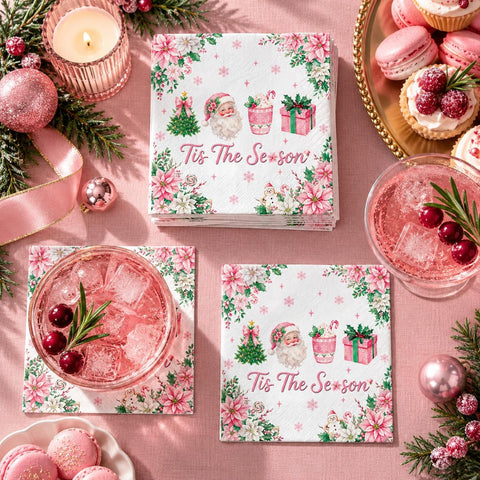 100Pcs Pink Christmas Cocktail Napkins 5x5 3 Ply - Grencian