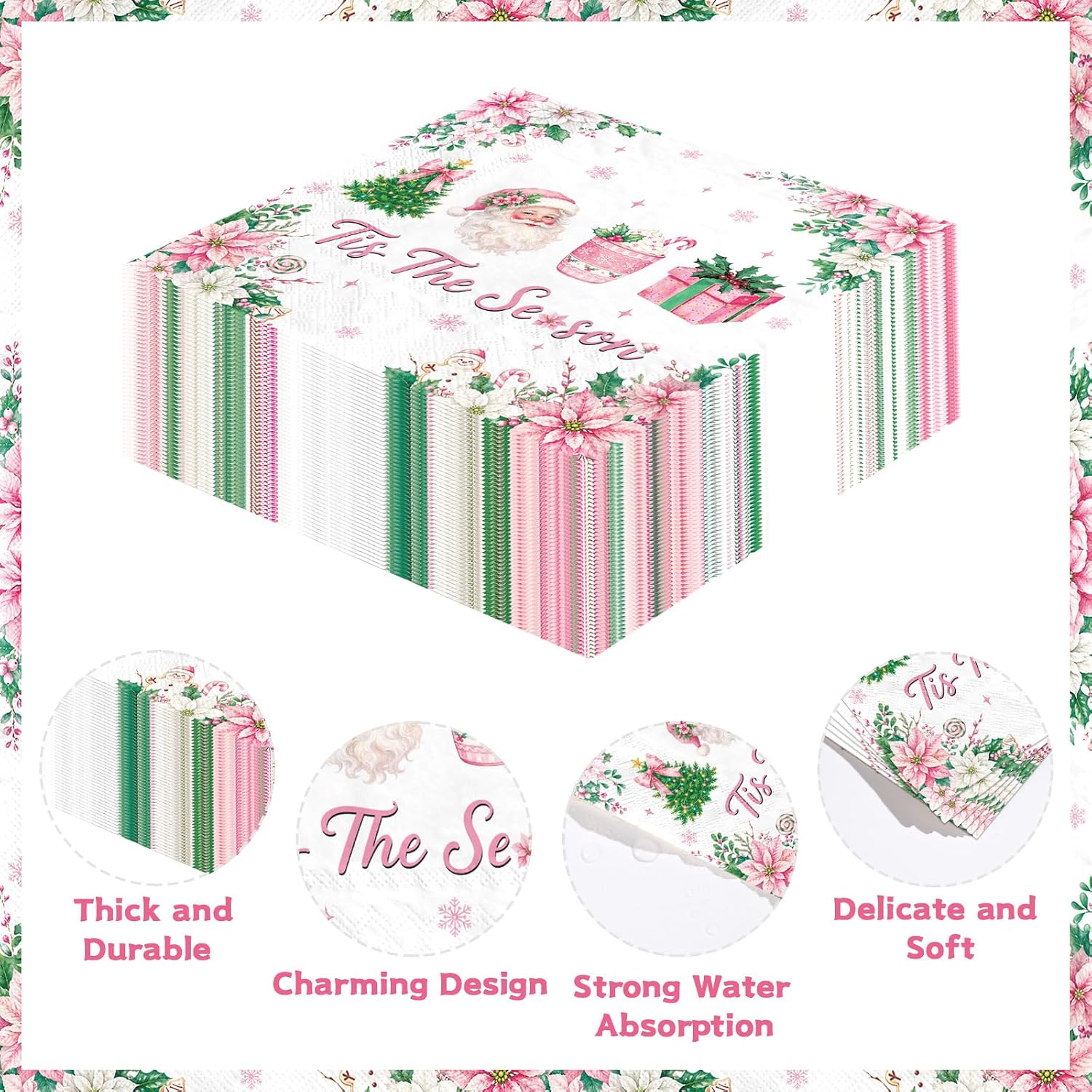 100Pcs Pink Christmas Cocktail Napkins 5x5 3 Ply - Grencian