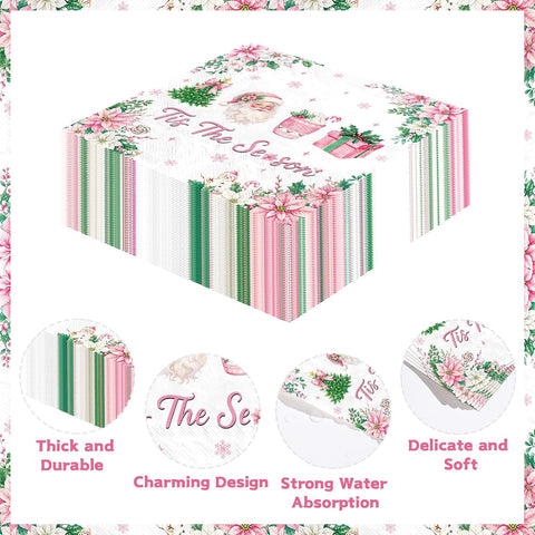 100Pcs Pink Christmas Cocktail Napkins 5x5 3 Ply - Grencian