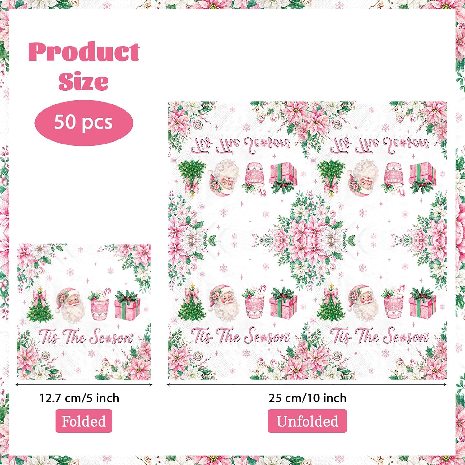 100Pcs Pink Christmas Cocktail Napkins 5x5 3 Ply - Grencian