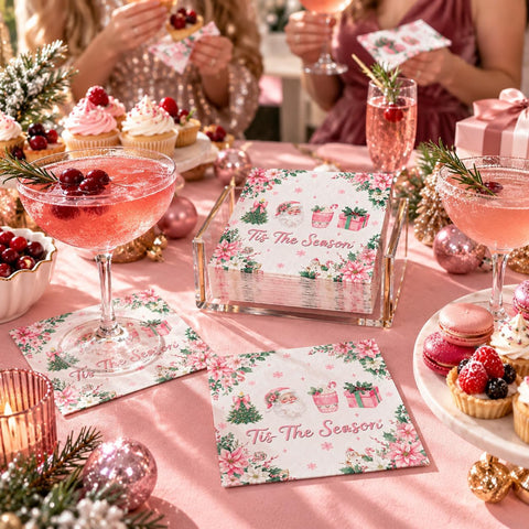 100Pcs Pink Christmas Cocktail Napkins 5x5 3 Ply - Grencian