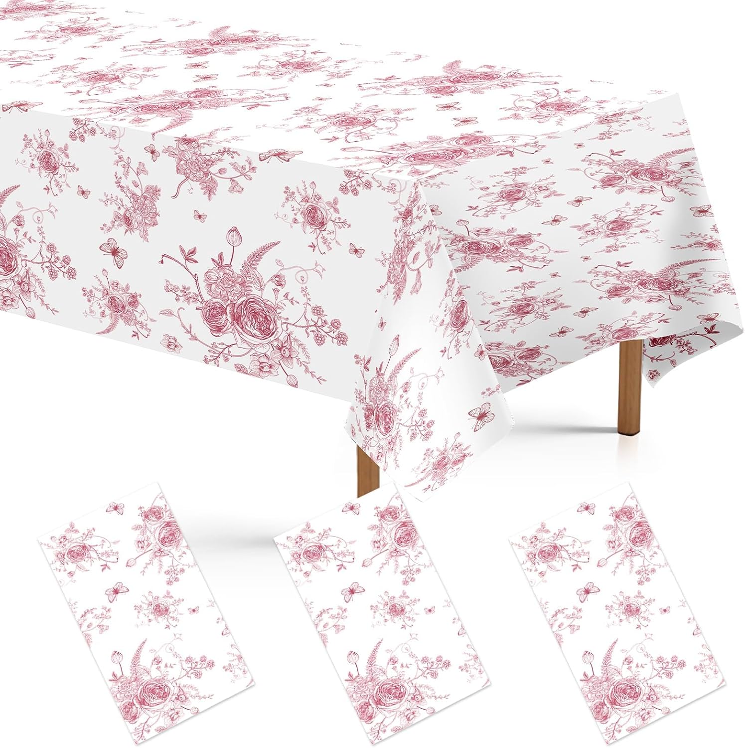 Grencian 3-piece pink floral tablecloth set with vintage tea party design