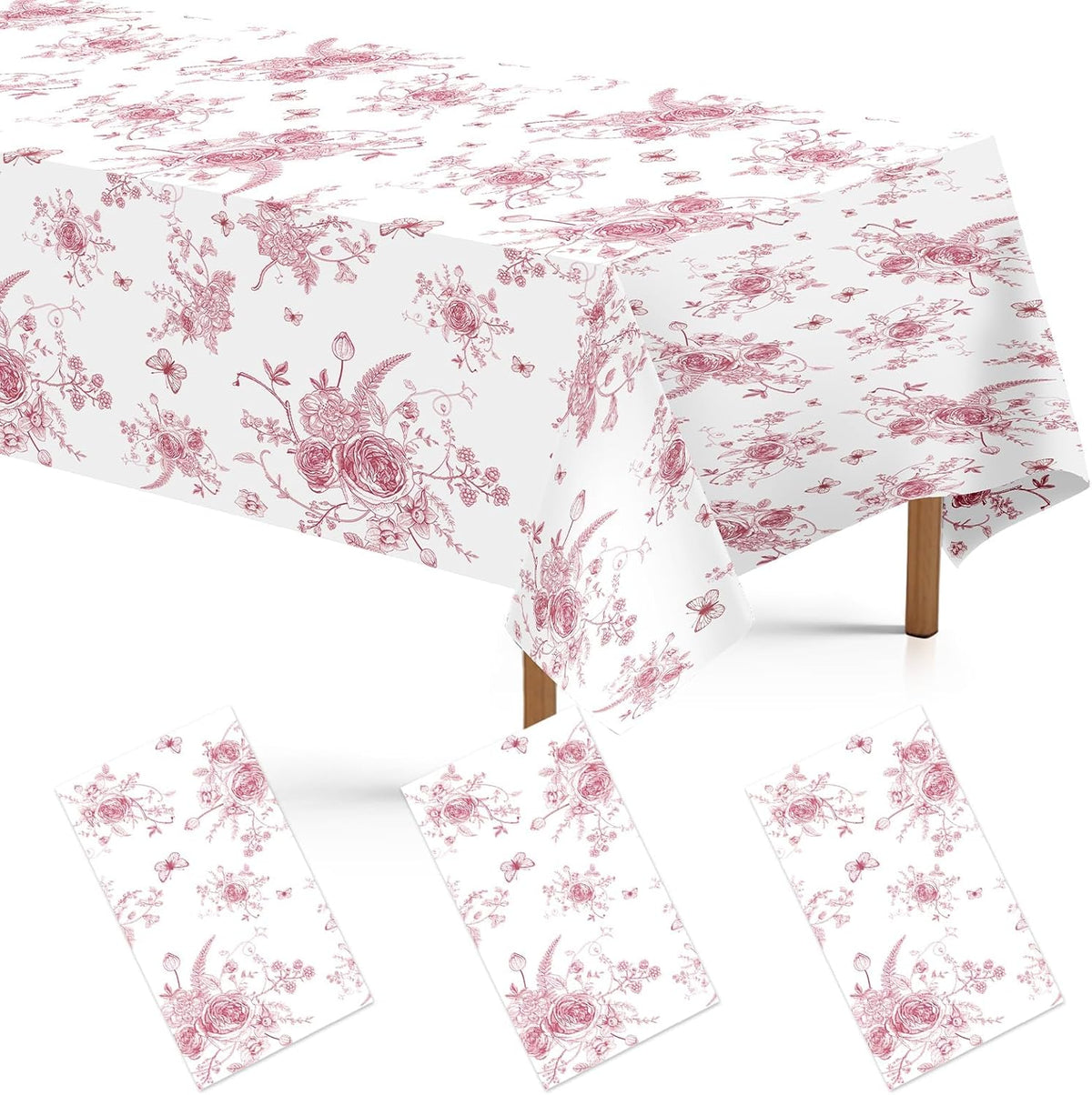 Grencian 3-piece pink floral tablecloth set with vintage tea party design