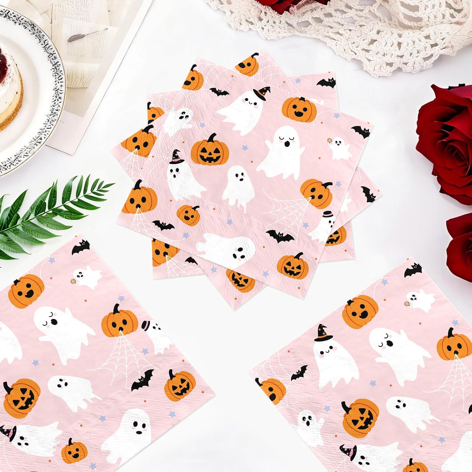50Pcs Pink Halloween Ghost Paper Napkins 6.5 Inch 3 Ply - Grencian