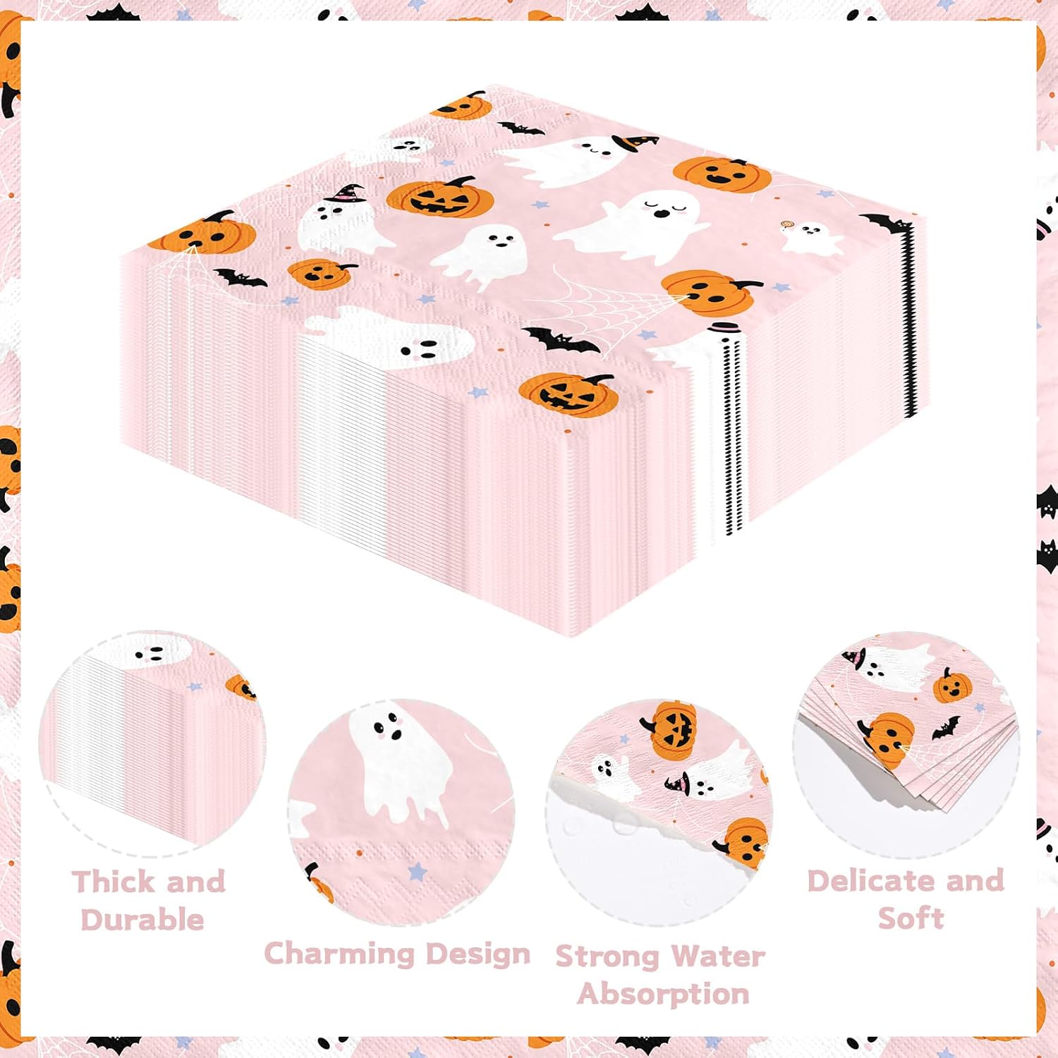 50Pcs Pink Halloween Ghost Paper Napkins 6.5 Inch 3 Ply - Grencian