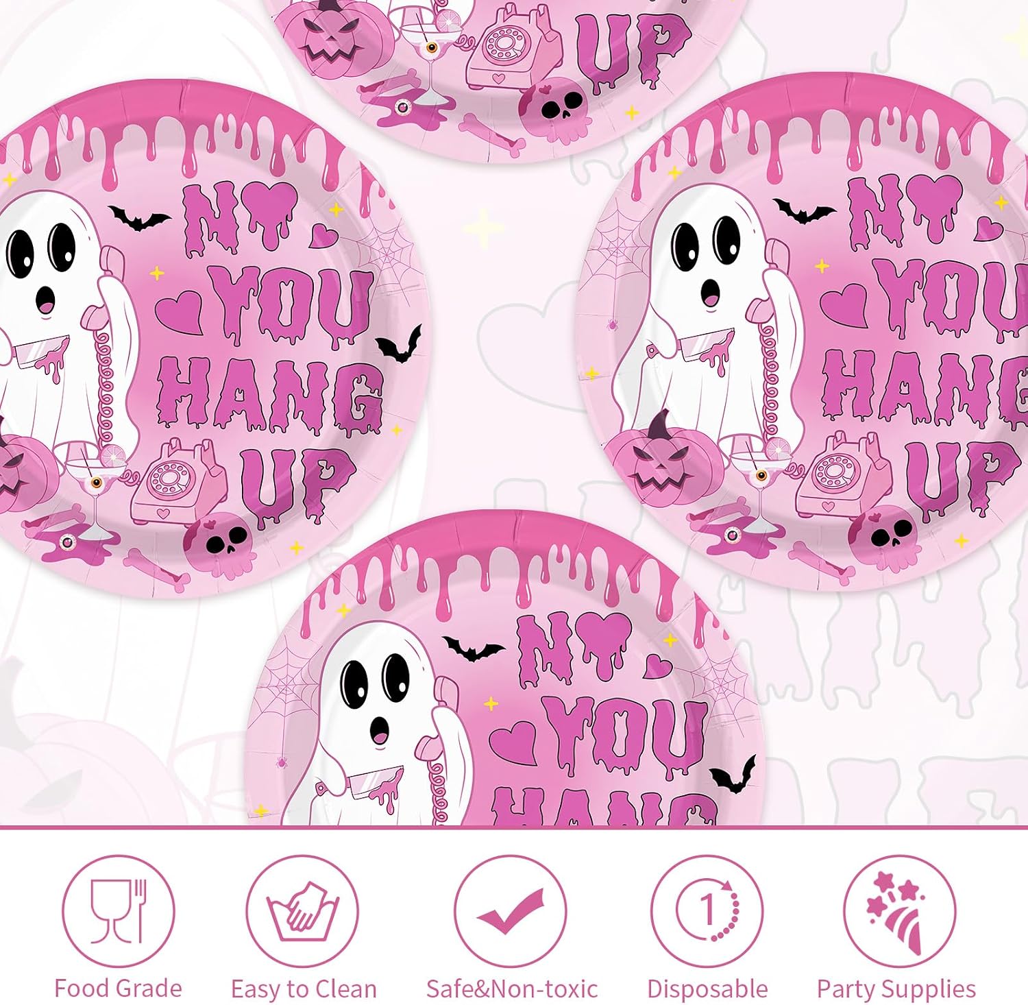 50Pcs Pink Halloween Ghost Paper Plates 9 Inch - Grencian