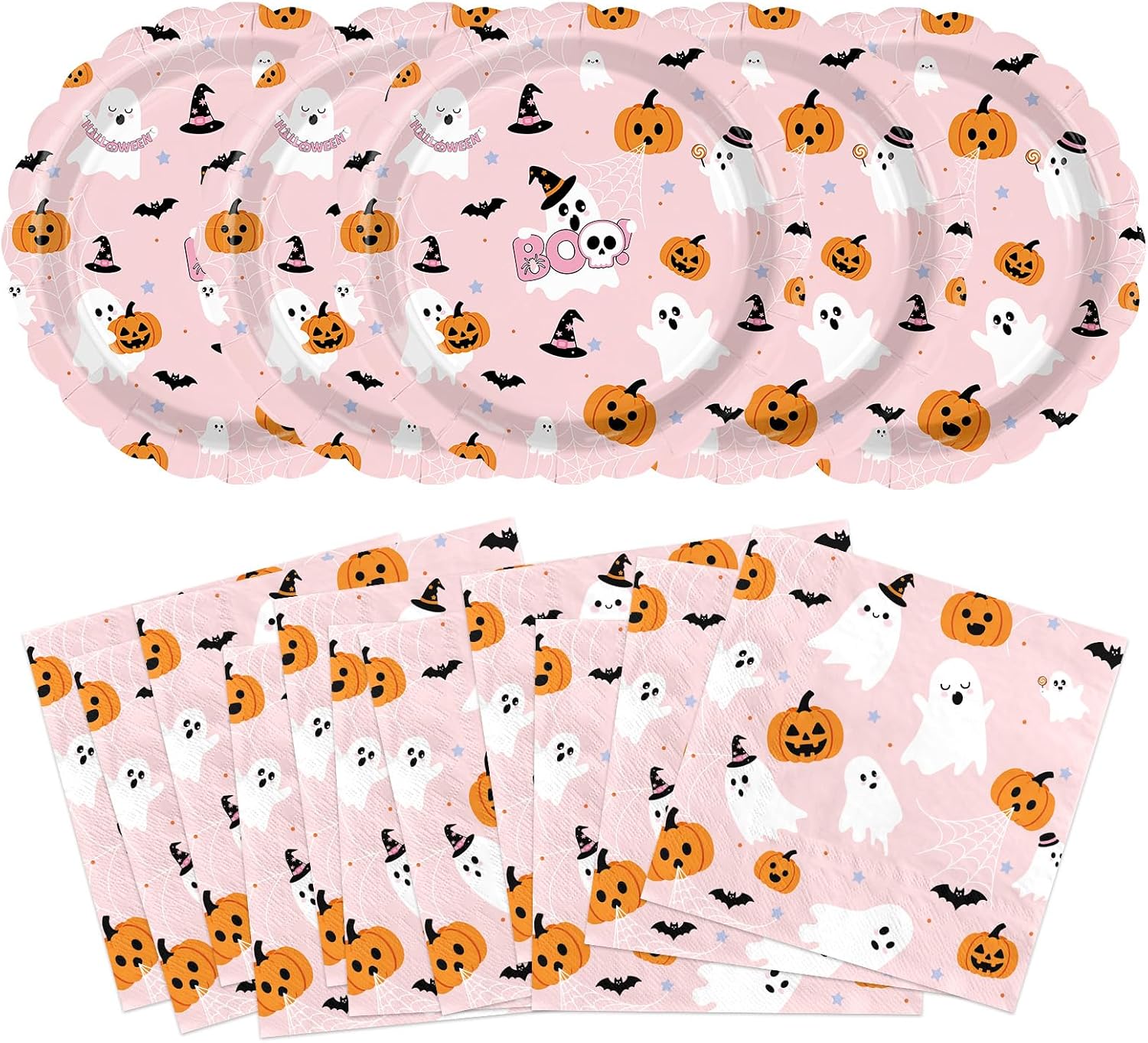 Grencian 100Pcs pink Halloween plates and napkins set
