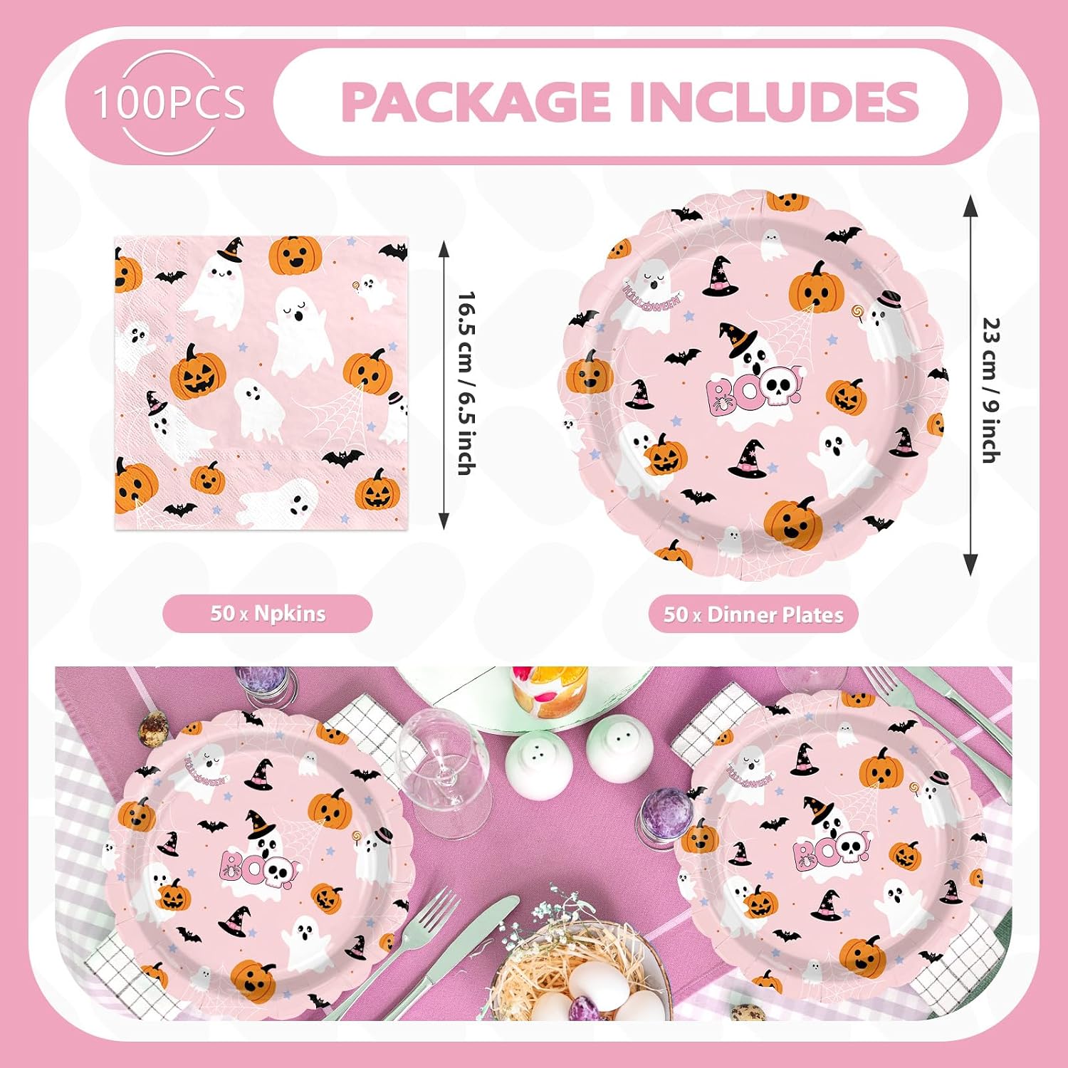 Scalloped pink ghost plates and napkins flat lay