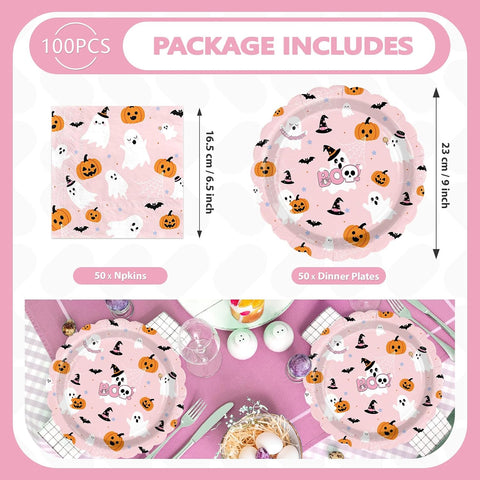 Scalloped pink ghost plates and napkins flat lay
