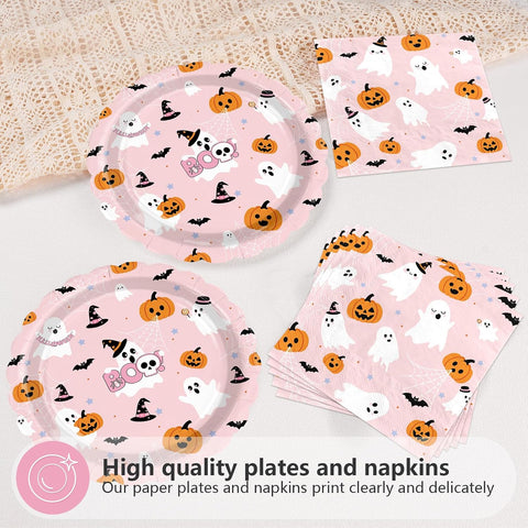 Close up of the cute ghost and pumpkin plate design
