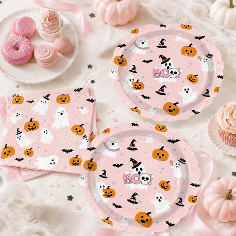 Girls Halloween table styled with the pink ghost set