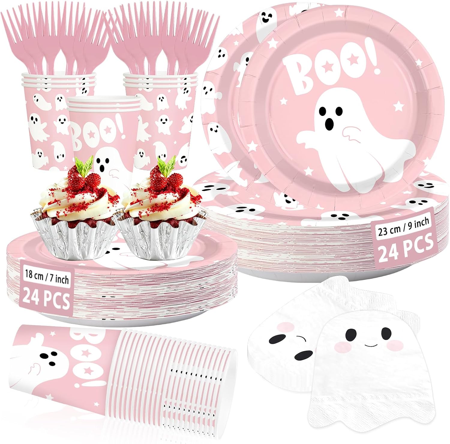 144Pcs Pink Ghost Halloween Tableware Set Serves 24 - Grencian