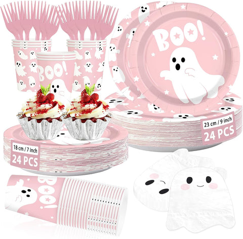 144Pcs Pink Ghost Halloween Tableware Set Serves 24 - Grencian